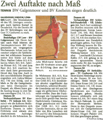 Damen 30: Kneheim - Ankum 6:0 (NWZ 10.05.2016)