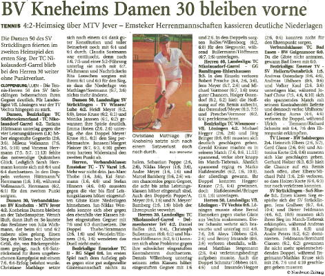 Damen 30: Kneheim - Jever 4:2 (NWZ 24.05.2016)